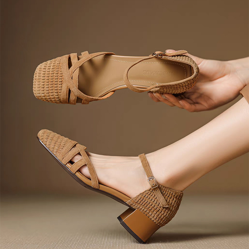 Square Toe Mule - Retro Weave High Heel Sandals Women