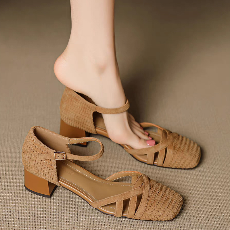 Retro Weave High Heel Sandals  - Square Toe Mule review and price